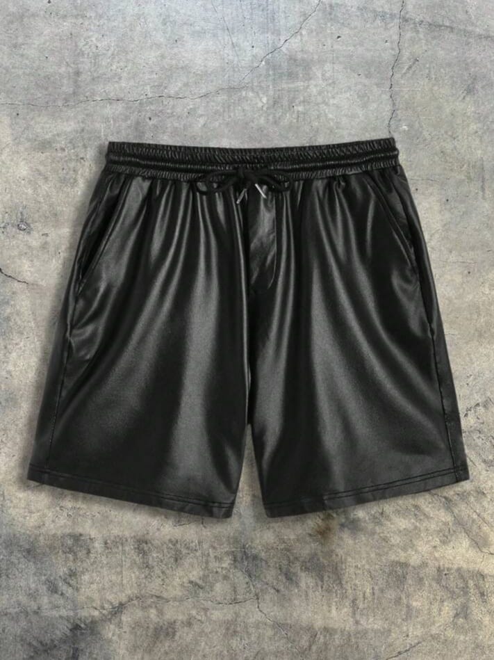 Bonga Boys Men Drawstring Waist Black Leather Plain Shorts